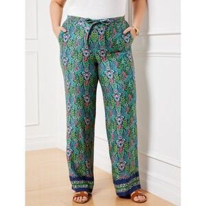Talbots Women Pants Medium Green Branching Floral Wide Leg Pull On Resort Travel